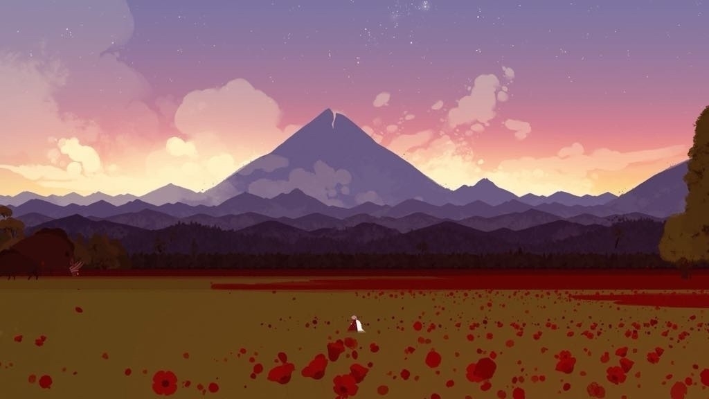 A serene landscape features a vast field of red flowers with a distant mountain range under a colorful sunset sky.