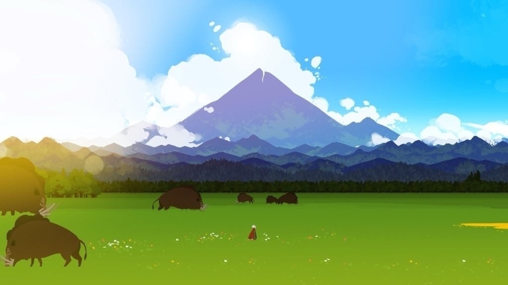 A scenic landscape features a lush green field with grazing boars, set against distant mountains and a vibrant blue sky.