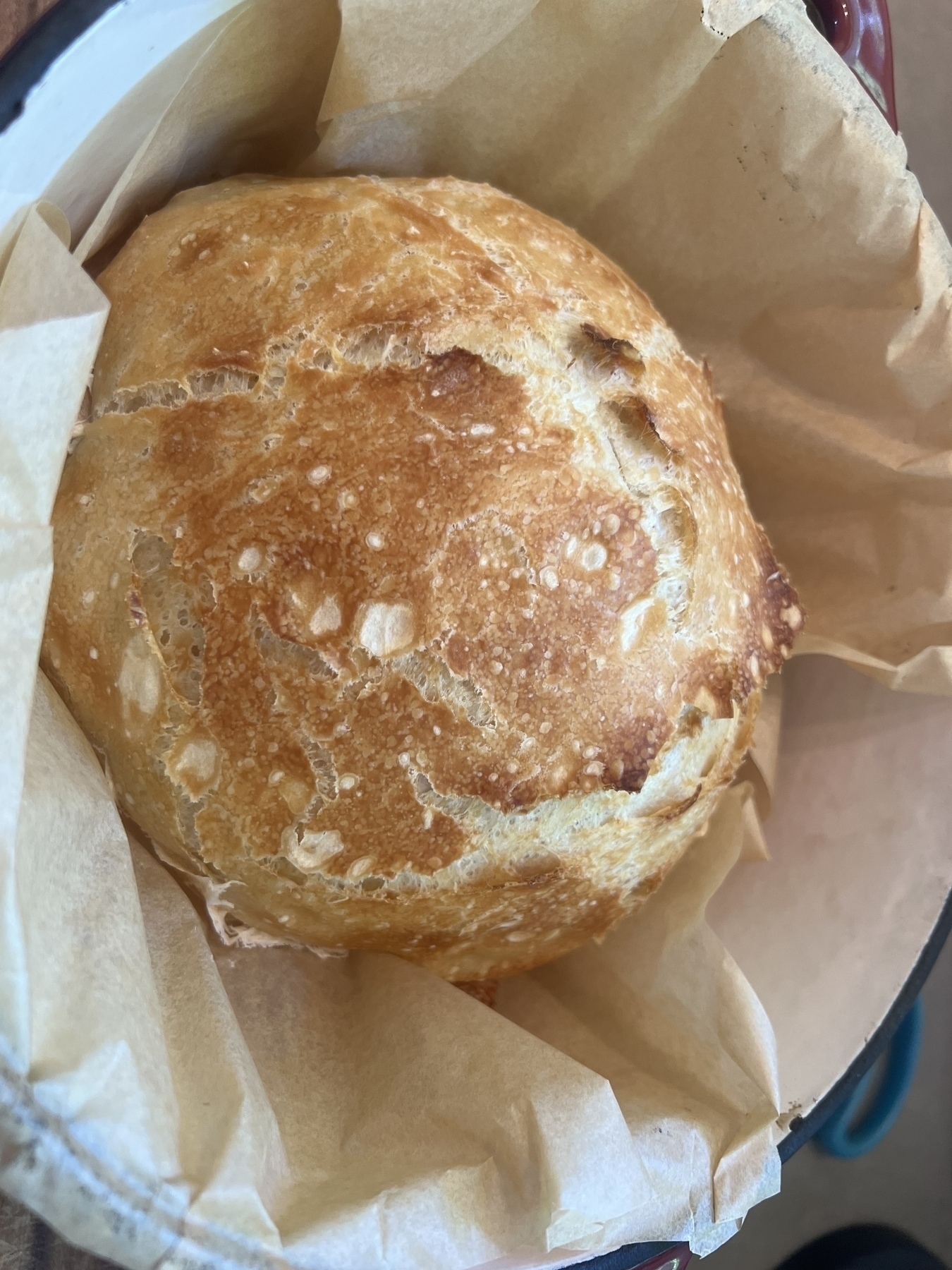 A round, crusty loaf of bread sits in a baking paper-lined pot.